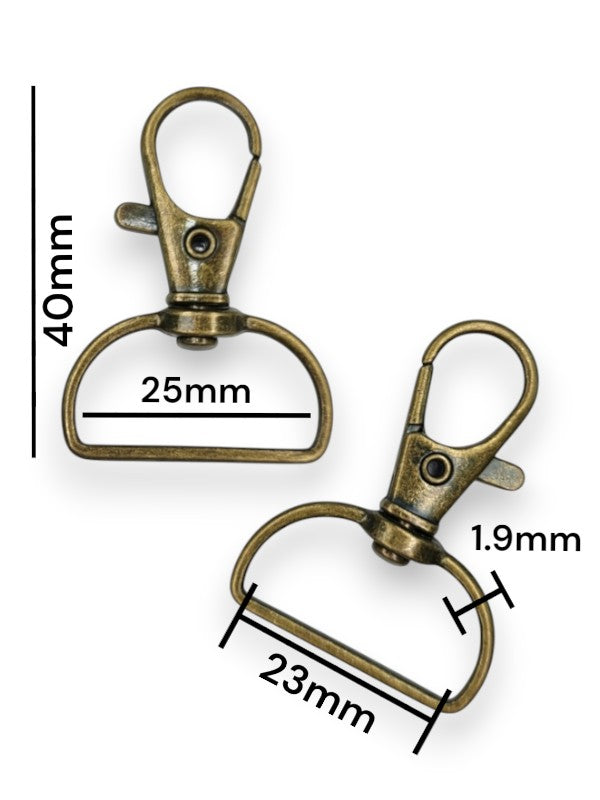 Trigger Snap Hook - Antique Brass, Strap Width ±23 mm, Max ±25 mm, Thickness ±1.9 mm, Height Of Metal Bag Part ±40 mm, ±20-Pi