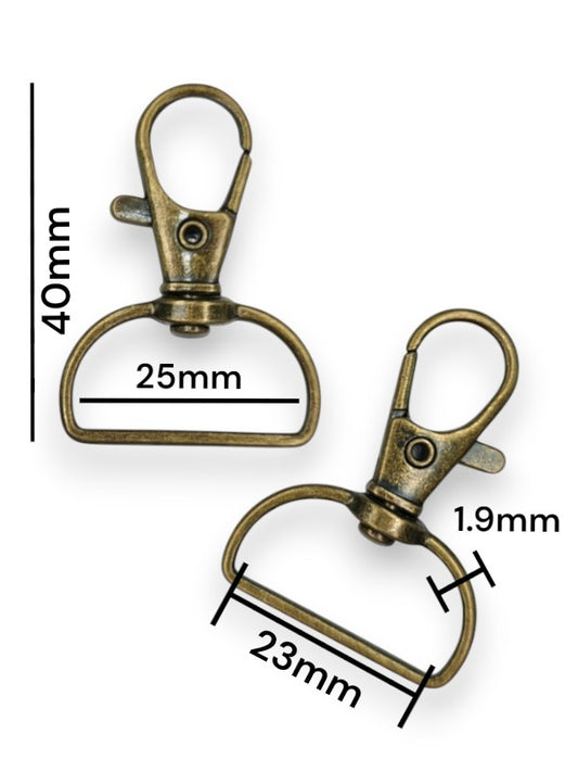 Trigger Snap Hook - Antique Brass, Strap Width ±23 mm, Max ±25 mm, Thickness ±1.9 mm, Height Of Metal Bag Part ±40 mm, ±20-Pi