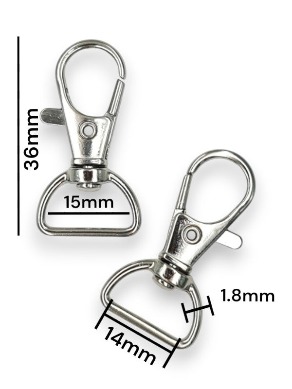 Trigger Snap Hook - Silver, Strap Width ±14 mm, Max ±15 mm, Thickness ±1.8 mm, Height Of Metal Bag Part ±36 mm, ±20-Piece (ba