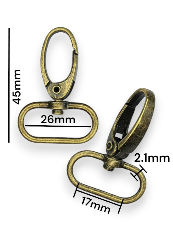 Snap Hook - Antique Brass, Strap Width ±17 mm, Max ±26 mm, Thickness ±2.1 mm, Height Of Metal Bag Part ±45 mm, ±10-Piece (bas