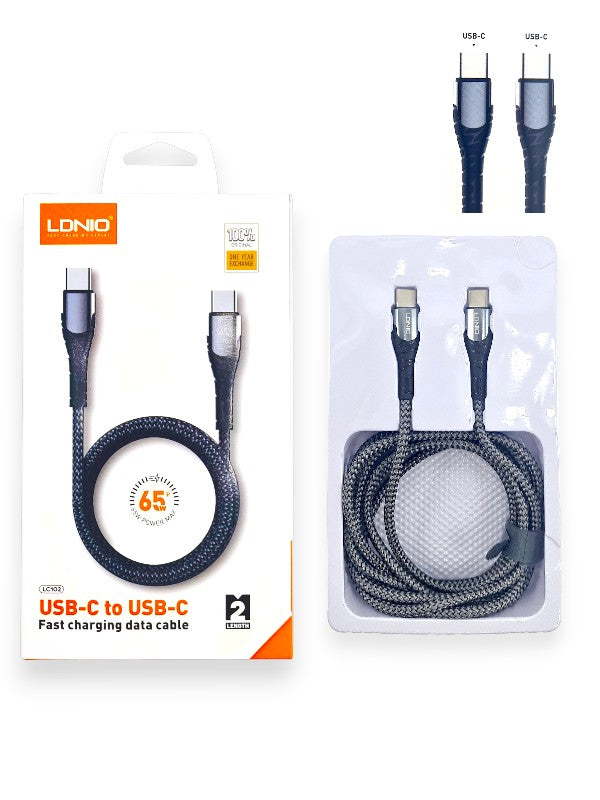 LDNIO Lc102 - USB-C to USB-C, Fast-Charging, 65w Power Max, 2 m Cable, Grey Cable