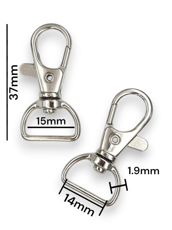 Trigger Snap Hook - Silver, Strap Width ±14 mm, Max ±15 mm, Thickness ±1.9 mm, Height Of Metal Bag Part ±37 mm, ±20-Piece (ba