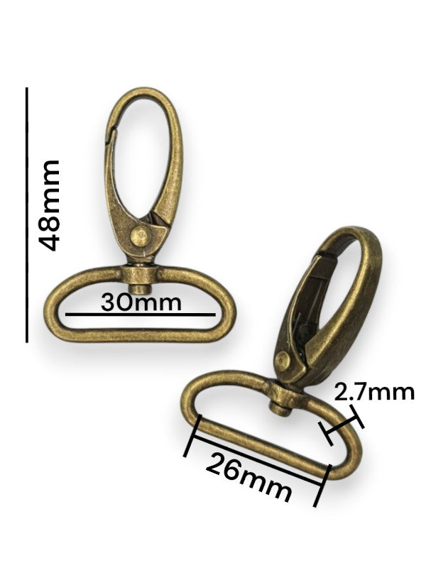 Snap Hook - Antique Brass, Strap Width ±26 mm, Max ±30 mm, Thickness ±2.7 mm, Height Of Metal Bag Part ±48 mm, ±10-Piece (bas