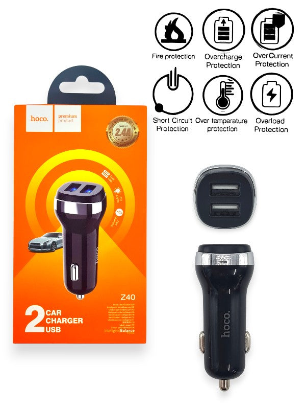 Hoco Z40 - 2 Port Car Charger USB, 2.4a, Black
