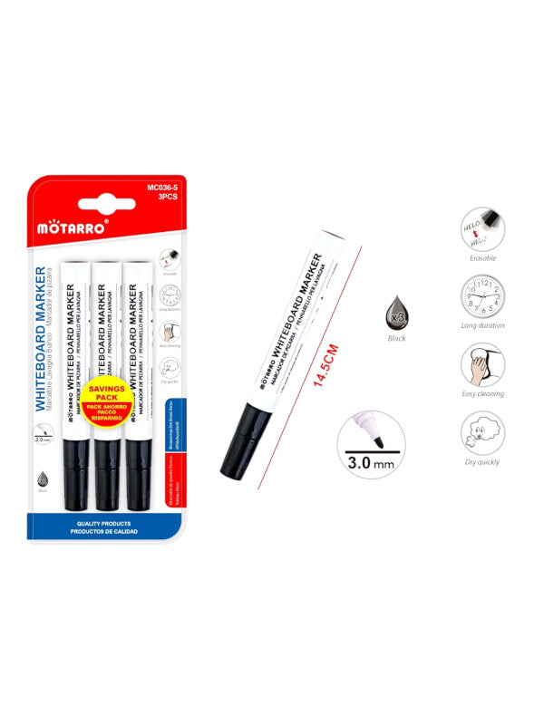 Motarro Whiteboard Marker - Black, 3 mm, 3-Piece