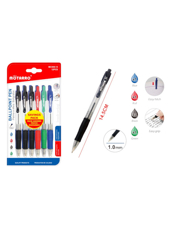 Motarro Ballpoint Pen - Assorted, 1.0 mm, 12-Piece