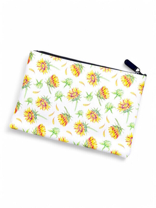 Sunflower Cosmetic Bag - White And Yellow, ±15×21×1 cm