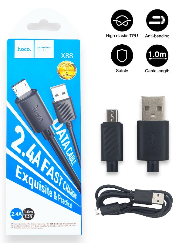 Hoco X88 - Micro Cable, Fast-Charging, 2.4a, 1 m Cable, Black