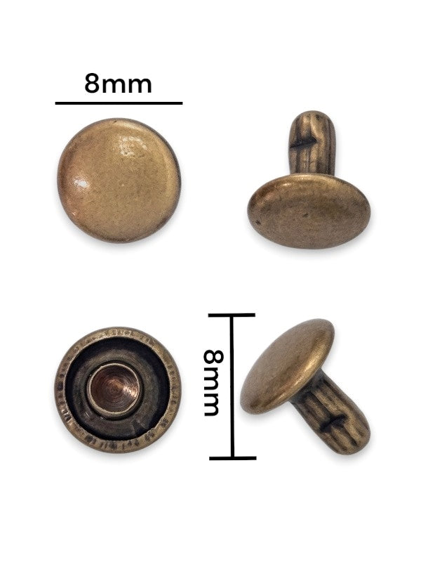 Double Capped Rivet - Antique Brass, Cap Width And Height 8×3.8 mm, Rivet Post Height And Width 8×8 mm, ±100 Sets