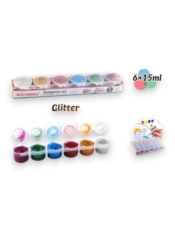 Motarro Tempera Set Paint - Glitter Colours, 6x15 ml