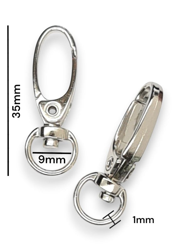 Snap Hook - Silver, Strap Width ±9 mm, Max ±9 mm, Thickness ±1 mm, Height Of Metal Bag Part ±35 mm, ±20-Piece