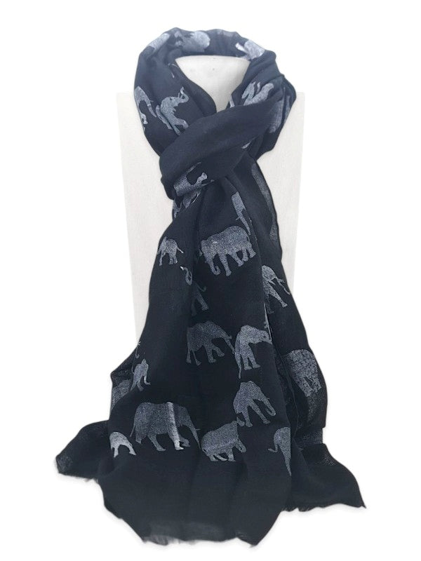 Scarf - Elephants, Black, ±180×69 cm