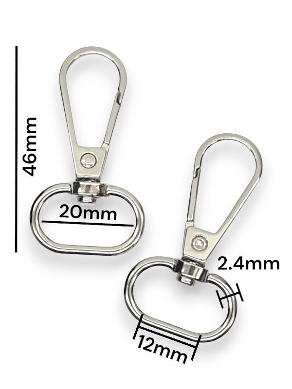 Snap Hook - Silver, Strap Width ±12 mm, Max ±20 mm, Thickness ±2.4 mm, Height Of Metal Bag Part ±46 mm, ±10-Piece ( Material: