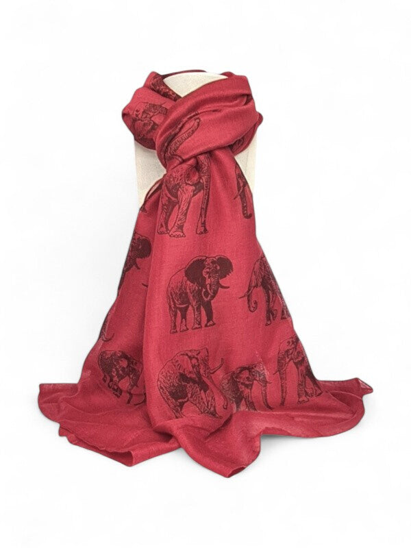 Cotton Road Scarf With Elephants - Maroon, 180×65 cm