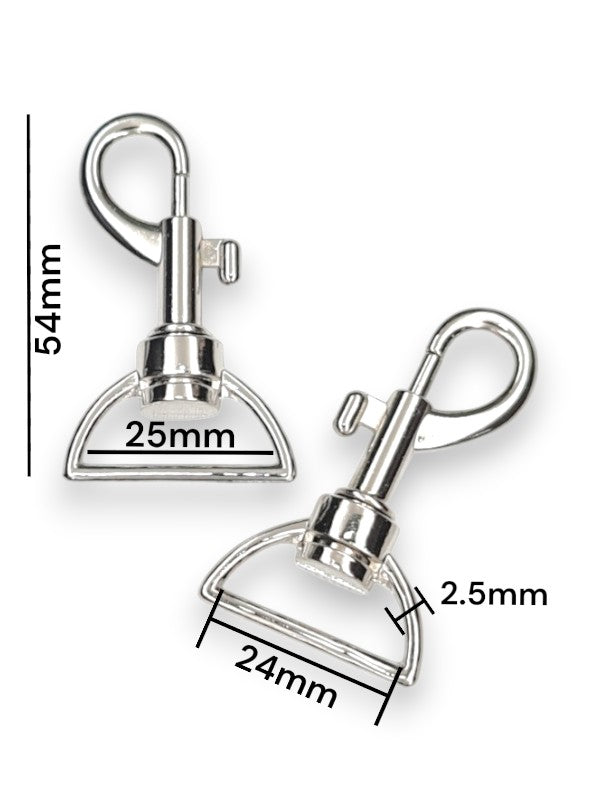 Trigger Snap Hook - Silver, Strap Width ±24 mm, Max ±25 mm, Thickness ±2.5 mm, Height Of Metal Bag Part ±54 mm, ±10-Piece (ba