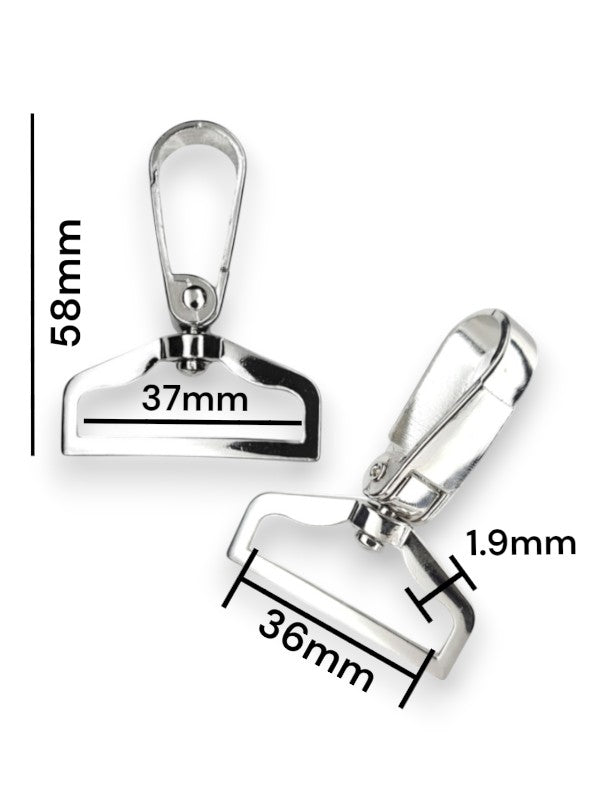 Snap Hook - Silver, Strap Width ±36 mm, Max ±37 mm, Thickness ±1.9 mm, Height Of Metal Bag Part ±58 mm, ±5-Piece (base Materi