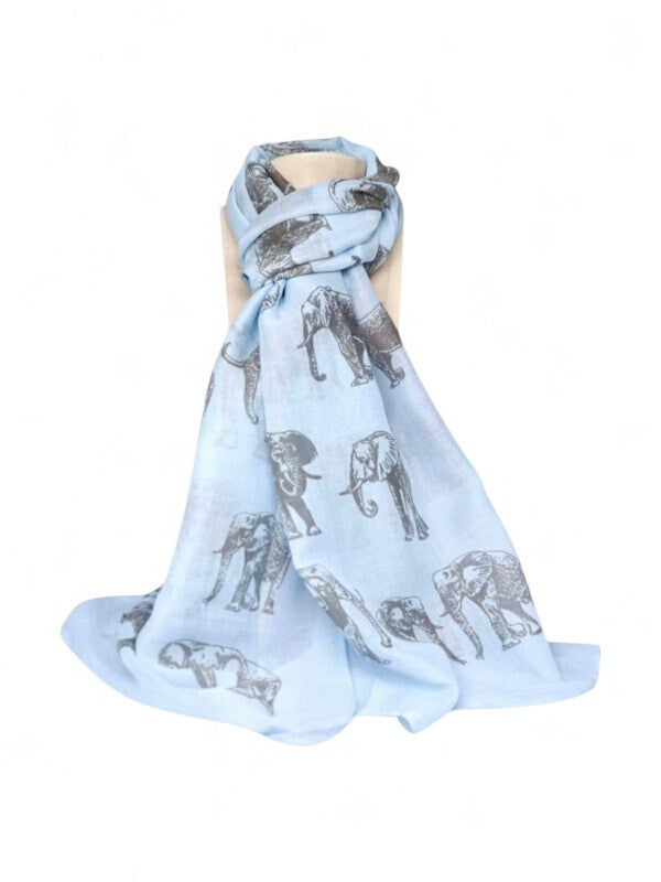 Cotton Road Scarf With Elephants - Light Blue, 180×65 cm