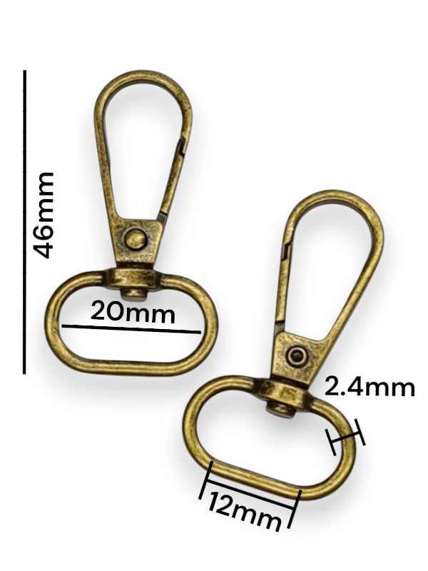 Snap Hook - Antique Brass, Strap Width ±12 mm, Max ±20 mm, Thickness ±2.4 mm, Height Of Metal Bag Part ±46 mm, ±10-Piece ( Ma
