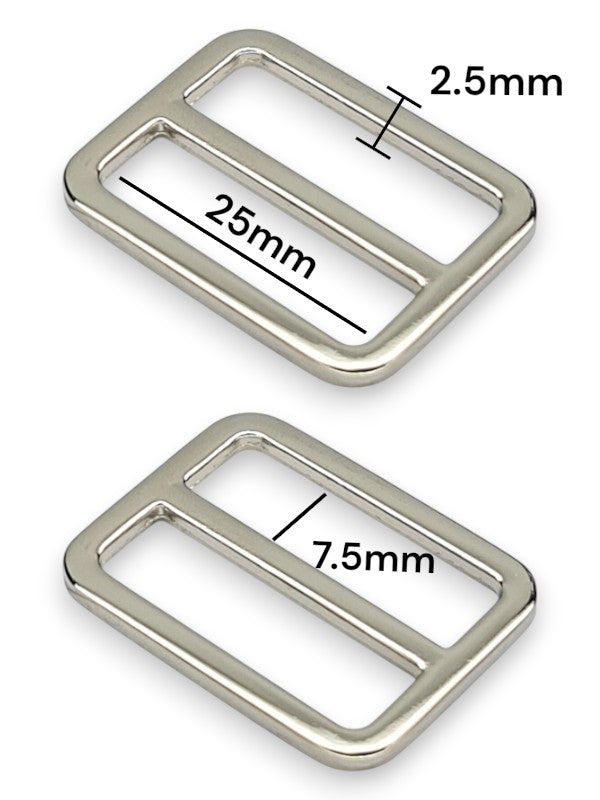 Slider - Silver, Inside: Width 25 mm, Height 7.5 mm Per Hole, Thickness 2.5 mm, ±5-Piece