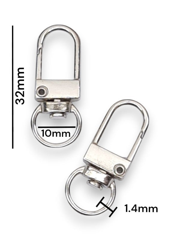 Snap Hook - Silver, Strap Width ±10 mm, Max ±10 mm, Thickness ±1.4 mm, Height Of Metal Bag Part ±32 mm, ±20-Piece (base Mater