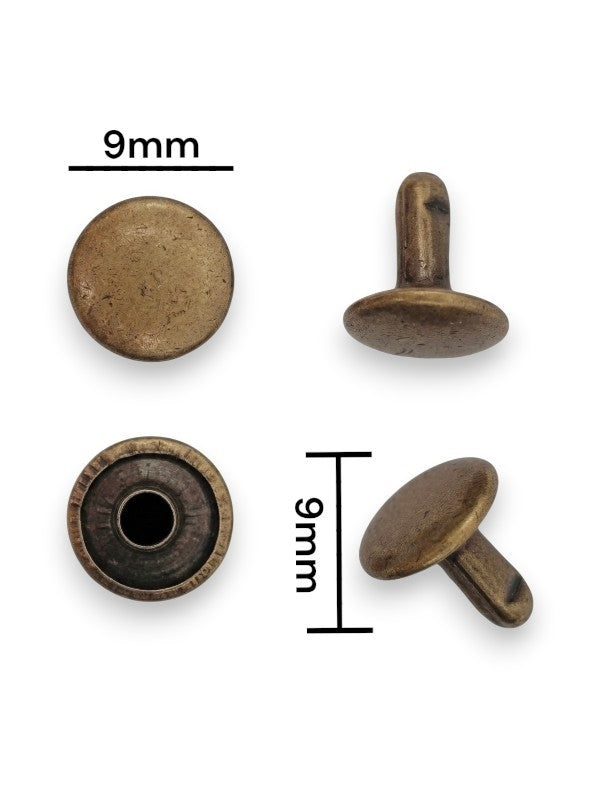 Double Capped Rivet - Antique Brass, Cap Width And Height 9×4 mm, Rivet Post Height And Width 9×9 mm, ±50 Sets