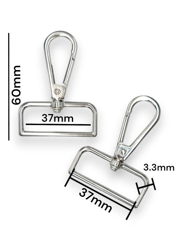 Snap Hook - Silver, Strap Width ±37 mm, Max ±37 mm, Thickness ±3.3 mm, Height Of Metal Bag Part ±60 mm, ±5-Piece