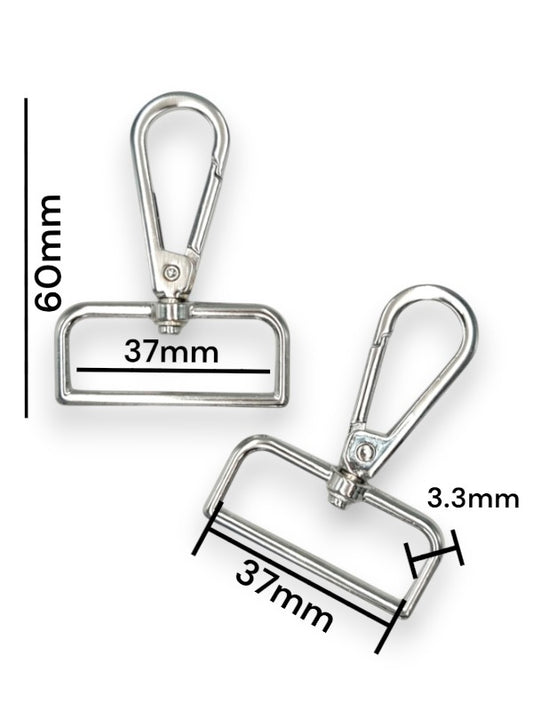 Snap Hook - Silver, Strap Width ±37 mm, Max ±37 mm, Thickness ±3.3 mm, Height Of Metal Bag Part ±60 mm, ±5-Piece