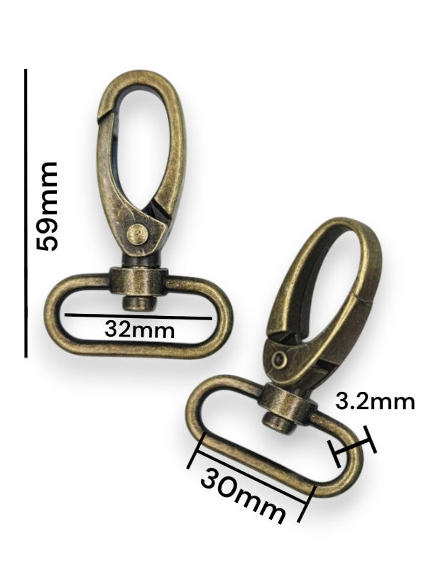 Snap Hook - Antique Brass, Strap Width ±30 mm, Max ±32 mm, Thickness ±3.2 mm, Height Of Metal Bag Part ±59 mm, ±5-Piece (base