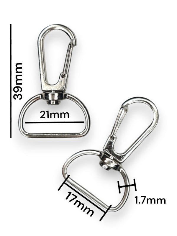 Snap Hook - Silver, Strap Width ±17 mm, Max ±21 mm, Thickness ±1.7 mm, Height Of Metal Bag Part ±39 mm, ±20-Piece (base Mater