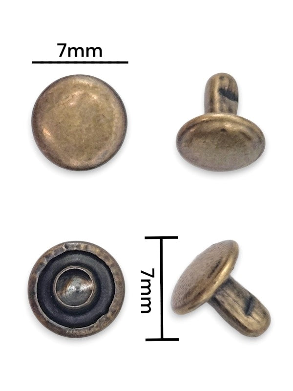 Double Capped Rivet - Antique Brass, Cap Width And Height 7×3 mm, Rivet Post Height And Width 7×7 mm, ±100 Sets