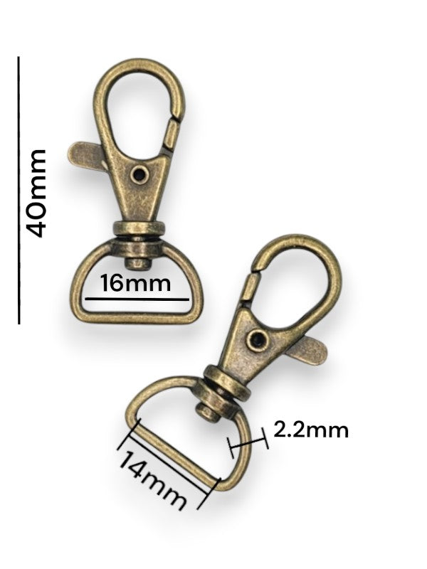 Trigger Snap Hook - Antique Brass, Strap Width ±14 mm, Max ±16 mm, Thickness ±2.2 mm, Height Of Metal Bag Part ±40 mm, ±20-Pi