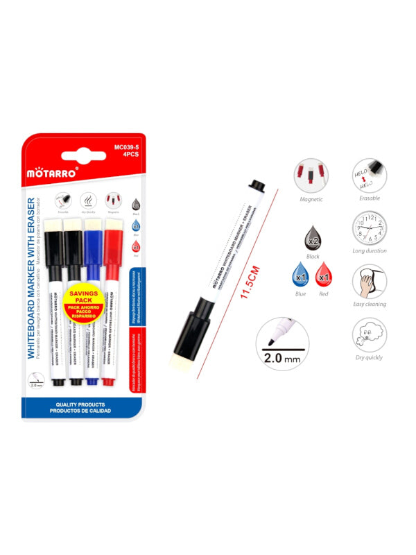 Motarro Whiteboard Marker With Eraser - 2 mm, 4-Piece