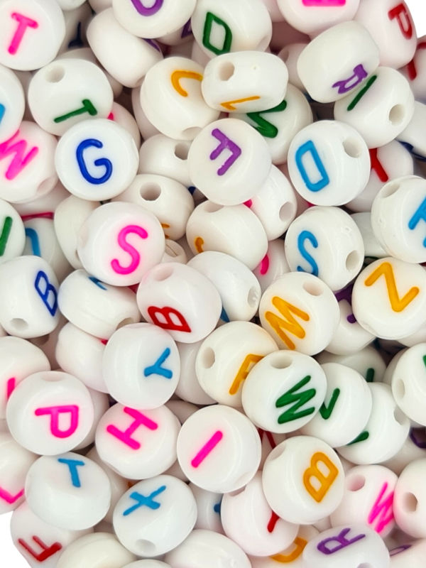 Plastic Assorted - White With Mixed Colour Alphabet Letters - Round, 4×7 mm ±100 G/730-Piece