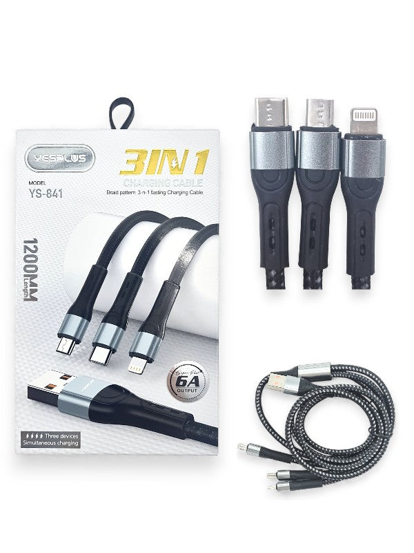Yesplus Ys - 841 - 3-in-1 Fast-Charging Cable, Fast Transmission, Up To 6A High Current Transmission, 1.2 m Cable, 3 Devices 