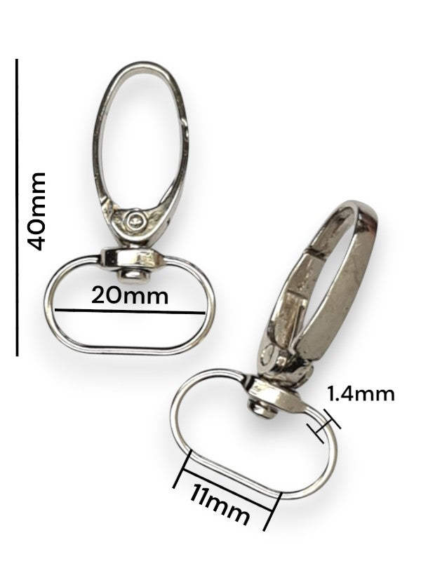 Snap Hook - Silver, Strap Width ±11 mm, Max ±20 mm, Thickness ±1.4 mm, Height Of Metal Bag Part ±40 mm, ±10-Piece