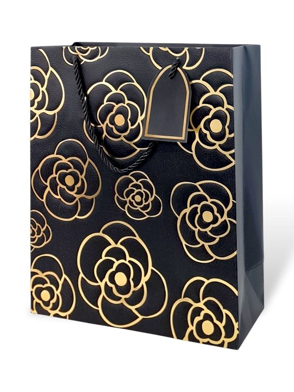 GIFT BAG 26*32*12 Cm GOLD Embossed Flower - Black