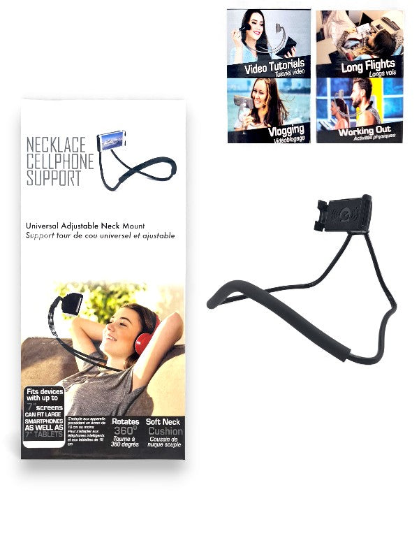 Necklace Cell Phone Support - Rotates 360 Degrees, With A Soft Neck Cushion Attached, Can Hold Up To 7'' Screens, Black - Ima