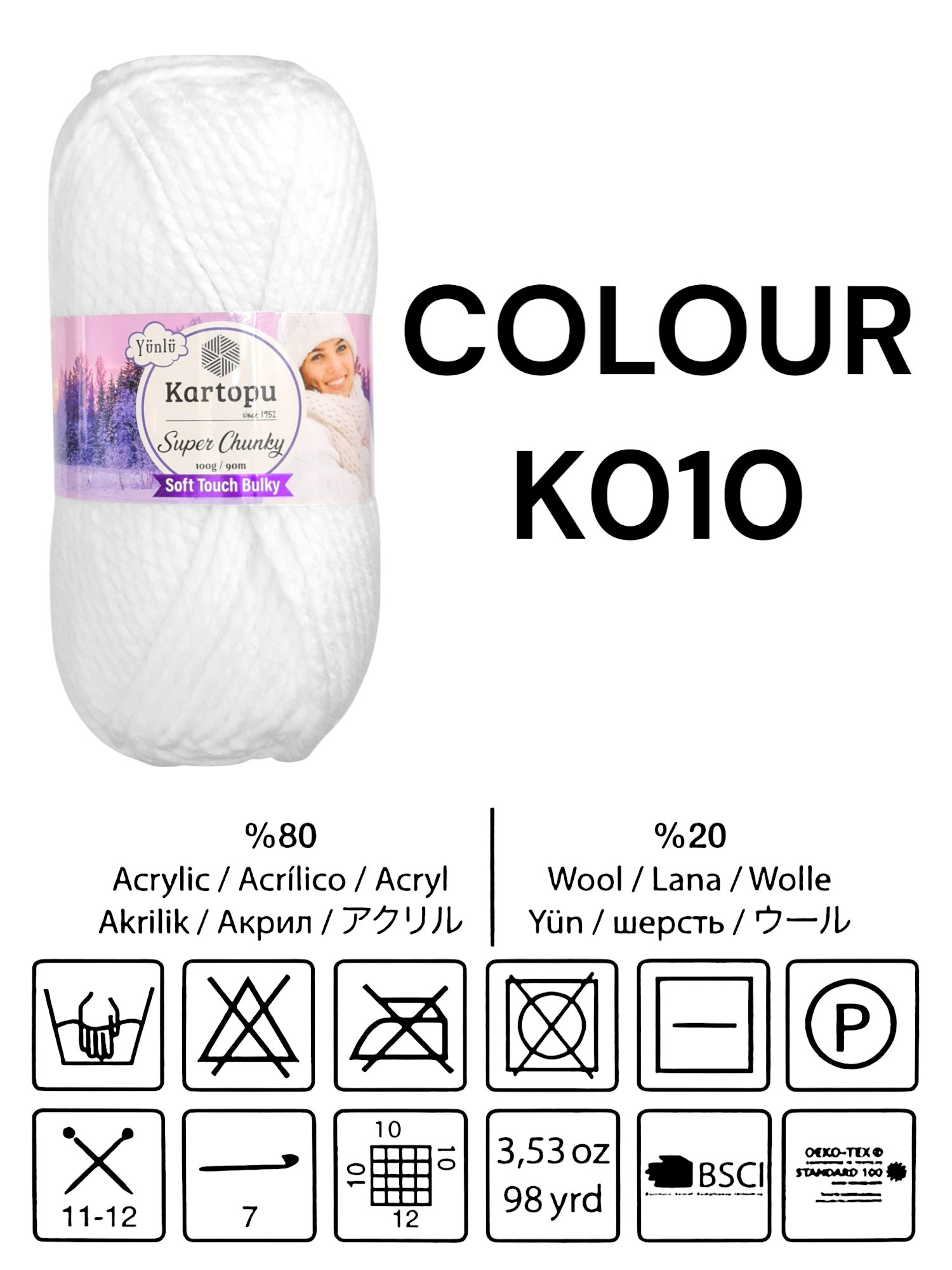 Kartopu Wool - Super Chunky, Soft Touch And Bulky, Kartopu, 100 g / 90 m, 80% Acrylic 20% Wool - Image 2