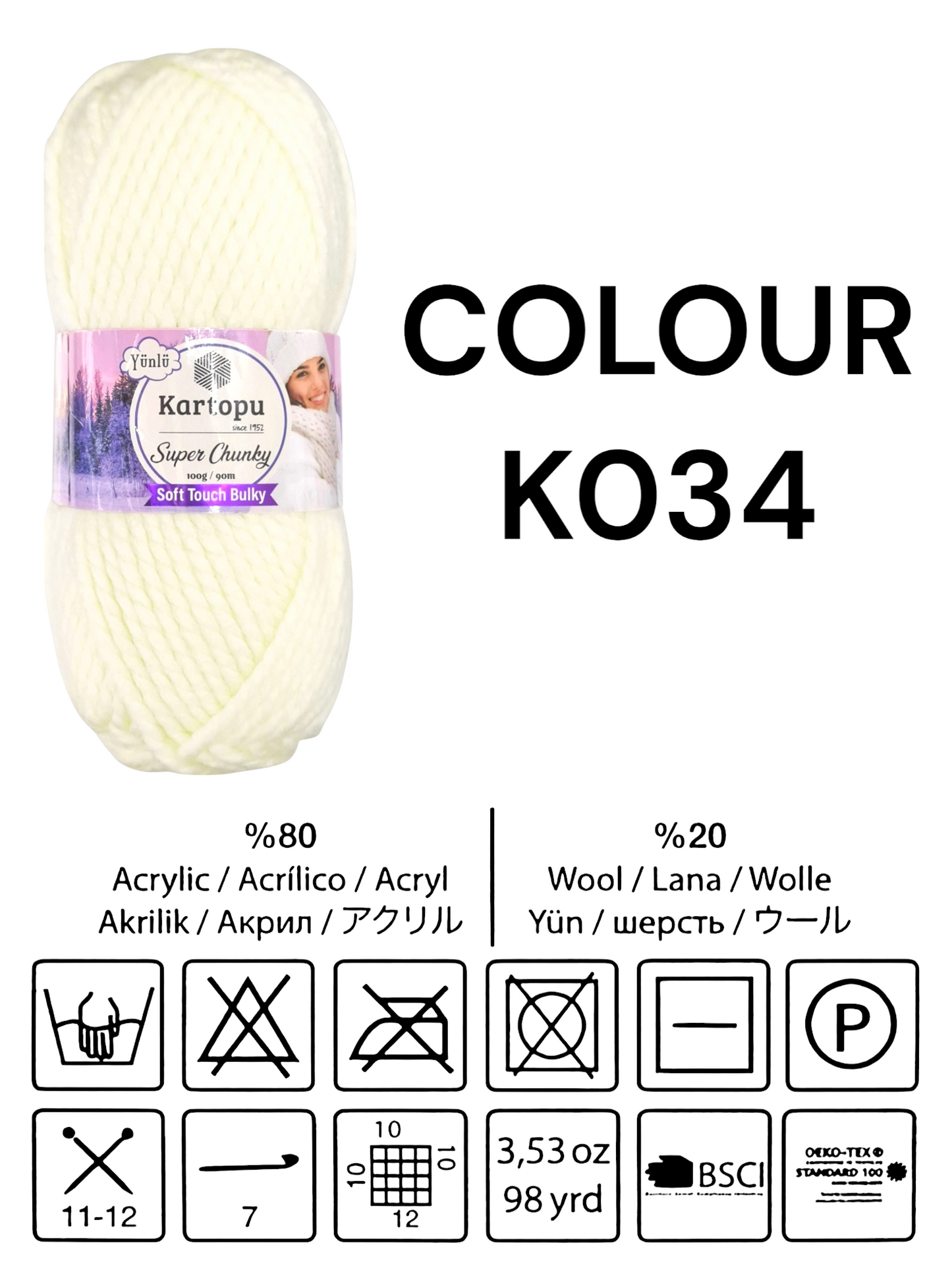 Kartopu Wool - Super Chunky, Soft Touch And Bulky, Kartopu, 100 g / 90 m, 80% Acrylic 20% Wool - Image 2