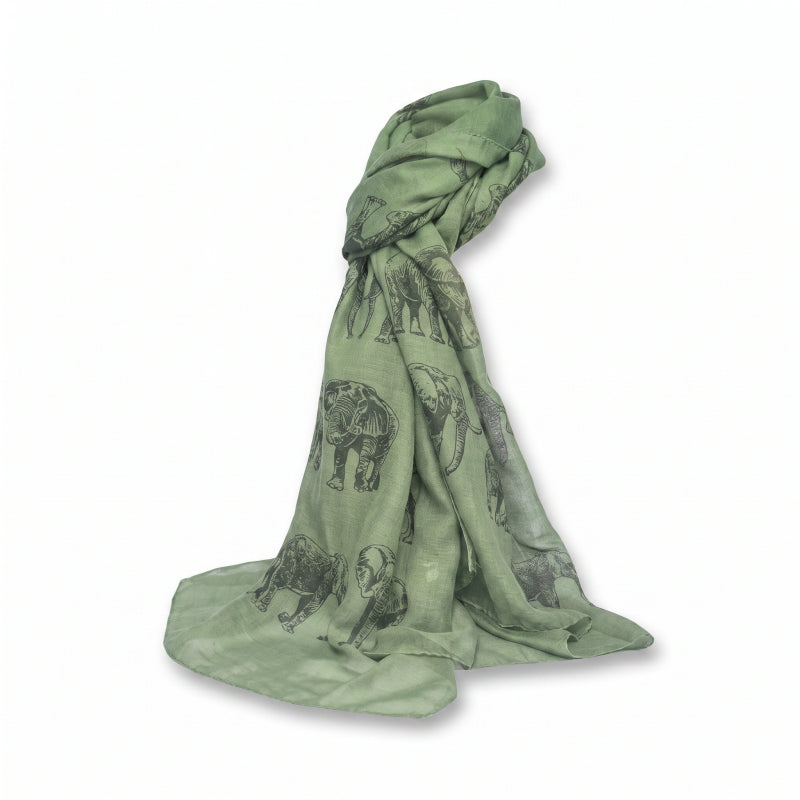 Cotton Road Scarf With Elephants - Dark Green, 180×65 cm - Image 3