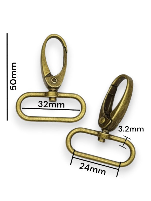 SNAP HOOK - Antique BRASS - STRAP WIDTH ±24 Mm - MAX ±32 Mm - Thickness ±3.2 Mm - Height OF METAL BAG PART ±50 Mm - ±10-Piece
