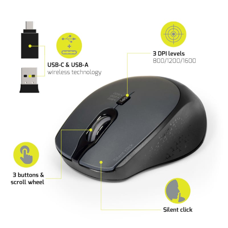 Port Connect Silent 1600DPI 3 Button Wireless Mouse - Black - alternate product view 3
