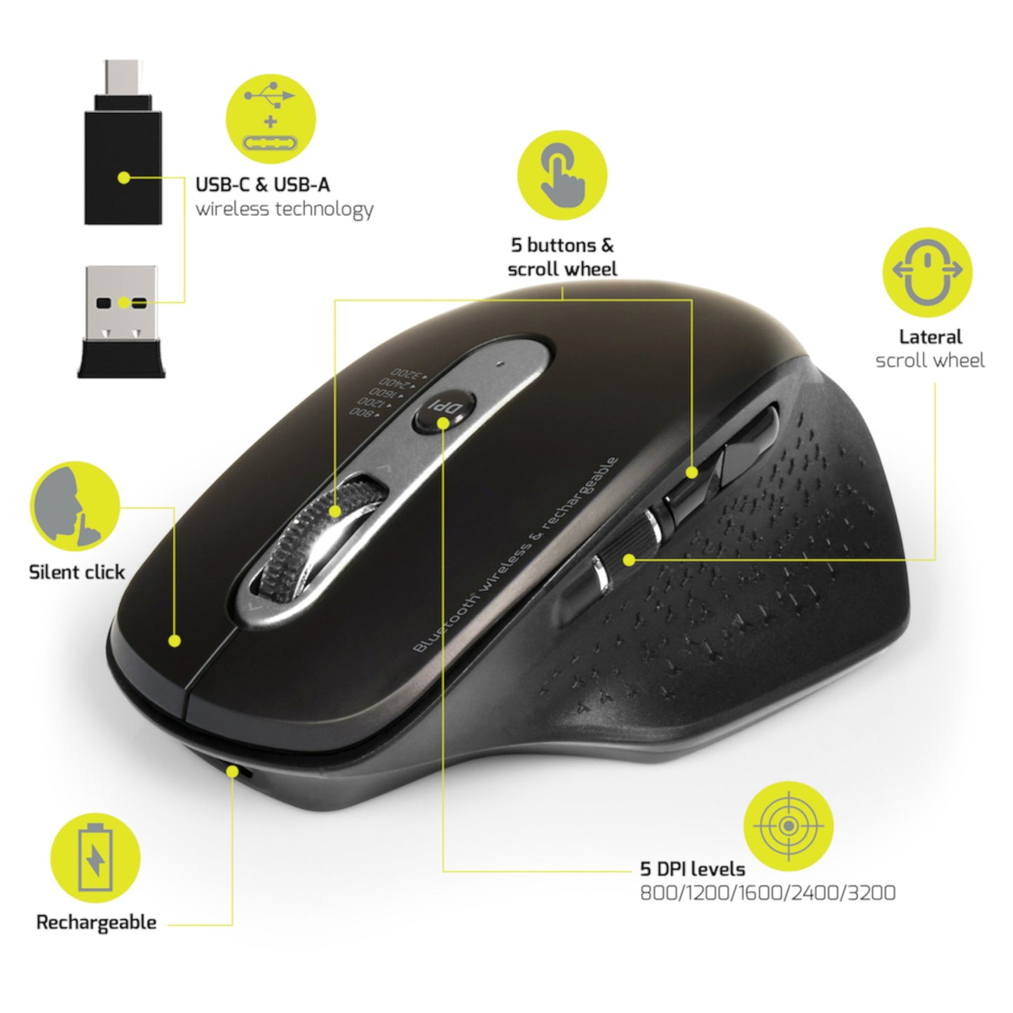 Port Connect Bluetooth Wireless and Rechargeable Executive Mouse - Black - alternate product view 3