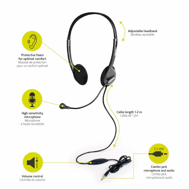 Port Stereo Headset with Mic with 1.2m Cable / 1 x 3.5mm / Volume Controller - Black - alternate product view 5