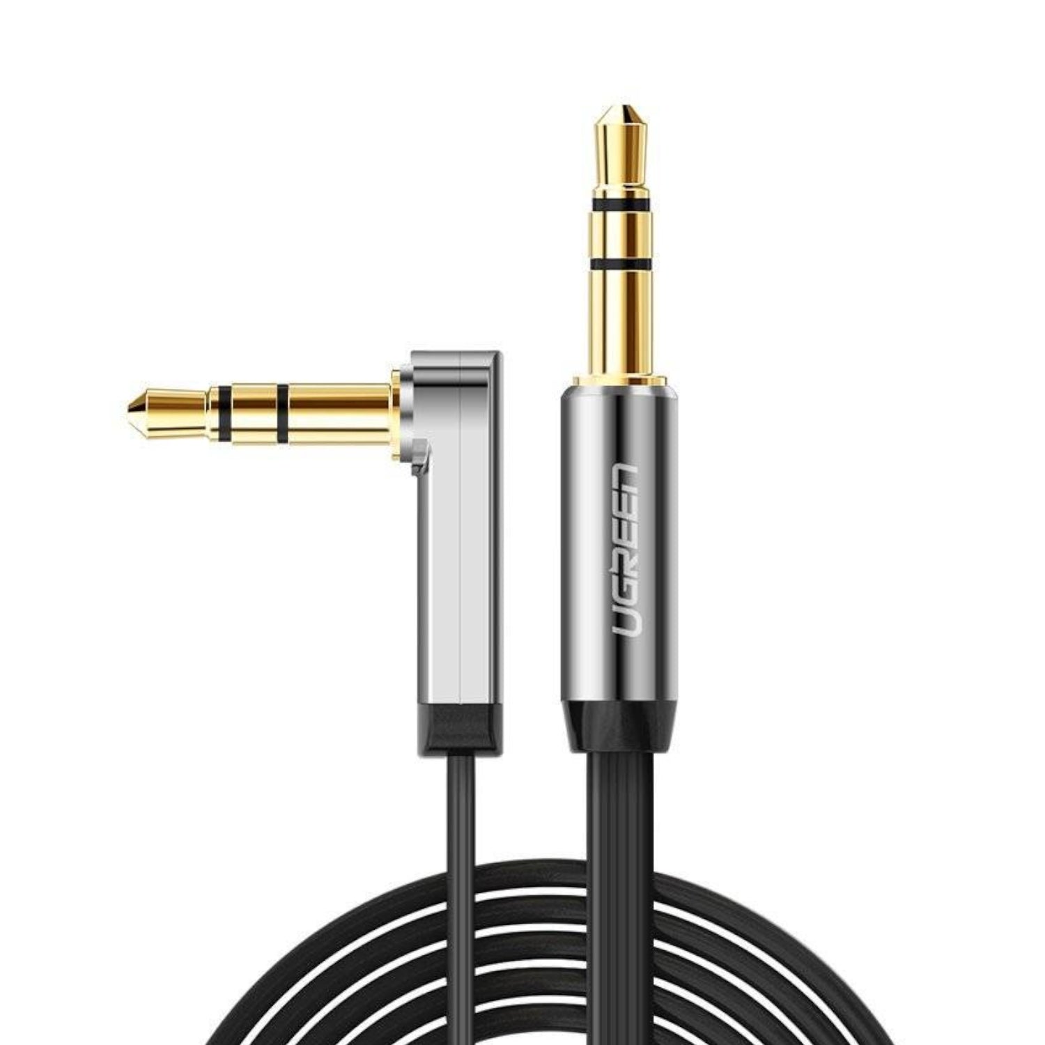 Ugreen AV119 Right-angled 3.5mm Flat Aux Cable 2m - Black/Silver