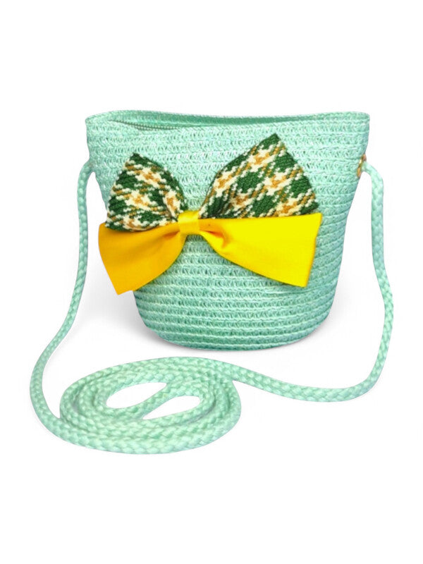 GIRLS STRAW SLING BAG - BOW - BLUE - ±11×14×8 Cm