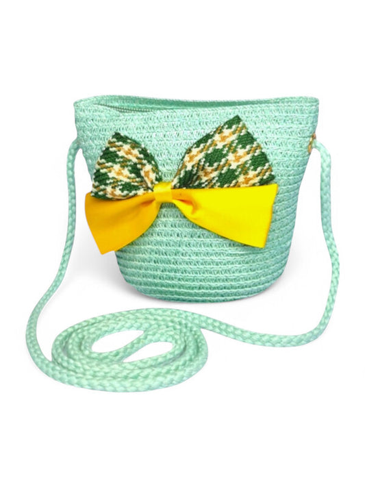 GIRLS STRAW SLING BAG - BOW - BLUE - ±11×14×8 Cm