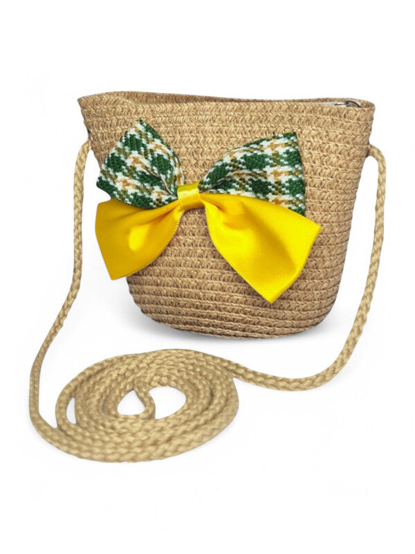 GIRLS STRAW SLING BAG - BOW - CAMEL - ±11×14×8 Cm