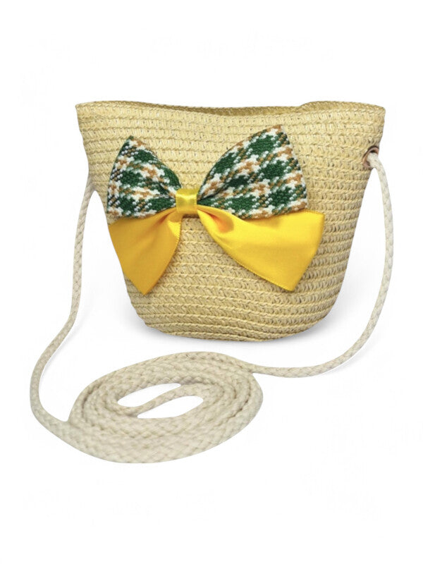 GIRLS STRAW SLING BAG - BOW - Natural - ±11×14×8 Cm