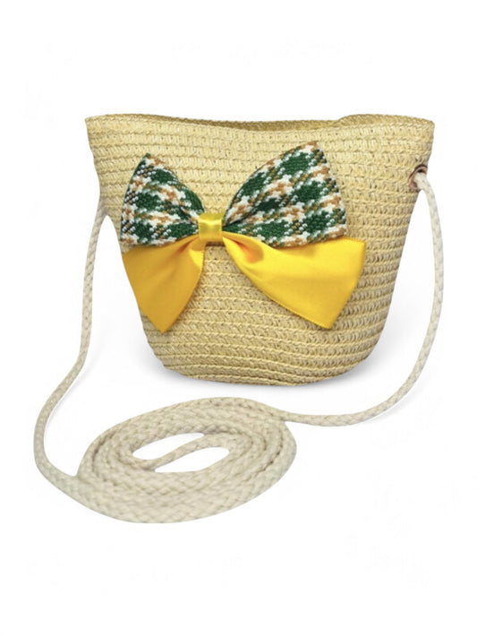 GIRLS STRAW SLING BAG - BOW - Natural - ±11×14×8 Cm